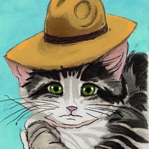 Image similar to art by studio ghibli of a baby kitten wearing a cowboyhat hugging a cat