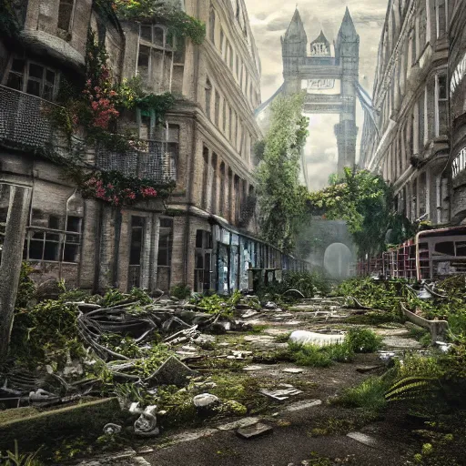 Prompt: overgrown london in ruins, highly detailed, 4k, HDR, award-winning, octane render, artstation