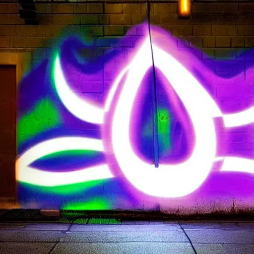 Prompt: florescent glowwave graffiti of the joker on a street wall, glow wave