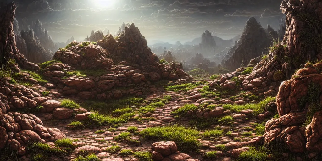 Prompt: hyperrealistic mixed media painting of a rocky dirt trail across a fantasy landscape, stunning 3d render inspired art by P. Craig Russell and Barry Windsor-Smith + dim volumetric lighting, dizzy, full body, 8k octane beautifully detailed render, post-processing, extremely hyperdetailed, intricate, epic composition, grim yet sparkling atmosphere, cinematic lighting + masterpiece, trending on artstation, very very detailed, masterpiece, stunning