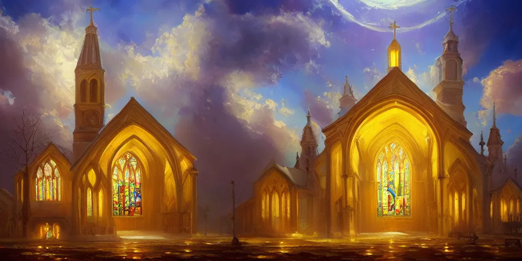 Image similar to a resplendent church in heaven, bright, oil painting of nature, beautiful concept art, trending on artstation