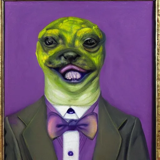 Image similar to Portrait of a psychotic crossbreed between a rabid dog and a toad, in a purple suit, oil painting