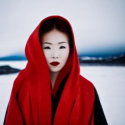 Prompt: portrait photograph of an elegant ginger Asian woman wearing a black kimono in the Arctic. super resolution. 85 mm f1.8 lens.bokeh.graflex. Alessio albi