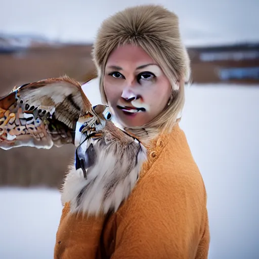 Image similar to symmetry!! portrait photograph of an extremely beautiful!!!! young blonde female with symmetric face. with a very detailed barn owl!!!!! on her shoulder. wearing mongolian traditional outfit in iceland. petzval lens. shallow depth of field. polaroid featured on flickr, art photography,