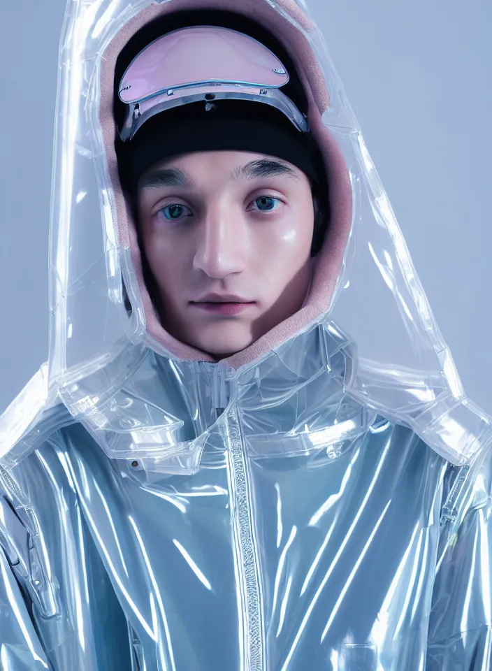 Image similar to an ultra high definition professional studio quality photograph of an artificially intelligent android influencer with silver skin wearing a transparent iridescent pastel coloured visor and matching wavey raincoat on white hook in a sheer icelandic black rock environment. three point light. dramatic lighting. volumetric shadows. light rays