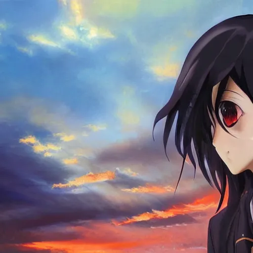 Image similar to black - haired anime girl, 1 7 - year - old anime girl with long bob cut, gothic jacket, golden hour, partly cloudy sky, red clouds, orange sky, strong lighting, strong shadows, vivid hues, ultra - realistic, sharp details, subsurface scattering, intricate details, art by artgerm, greg rutkowski, 2 0 1 9 anime screenshot