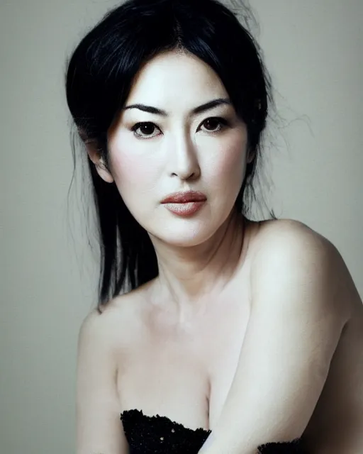 Prompt: japanese monica bellucci, diffuse lighting, bokeh, soft focus, portrait