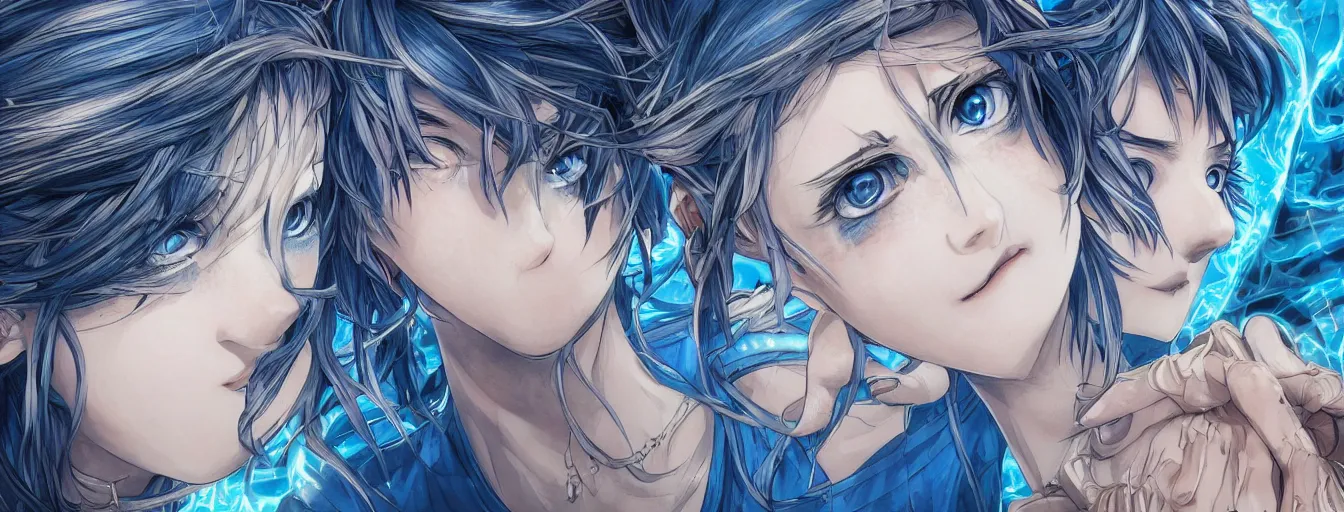 Prompt: close up of two beautiful, dreamy, symmetrical, wistful, blue eyes, determined, courageous, filled with holy anger. hyperrealistic anime background illustration by kim jung gi, colorful, extremely detailed intricate linework, smooth, super sharp focus, bright colors, high contrast, matte, octopath traveler, unreal engine 5 highly rendered, global illumination, radiant light