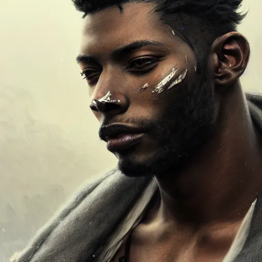 Image similar to portrait painting of a beautiful black man with blade scars and cropped hair wearing a tattered grey coat, ultra realistic, concept art, intricate details, eerie, highly detailed, photorealistic, octane render, 8 k, unreal engine. art by artgerm and greg rutkowski and charlie bowater and magali villeneuve and alphonse mucha