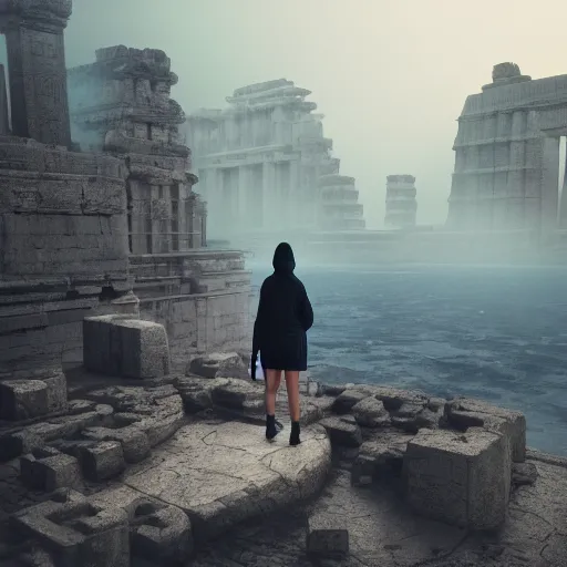 Image similar to high - tech space cult woman with hoodie looking at floating islands while standing on ruins of ancient temple, foggy of a ancient temple in temple dramatic lighting, epic, octane render, volumetric light, unreal engine, artbreeder, 8 k, background, scene