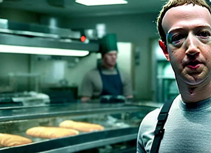 Image similar to film still of mark zuckerberg as agent smith working in a bakery in the new matrix movie, 4 k
