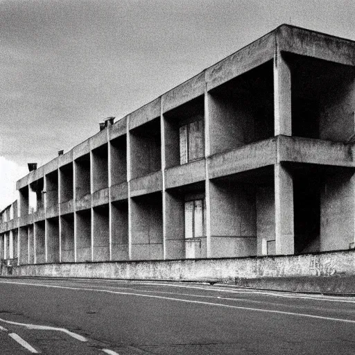 Prompt: 1971 England, Soviet England, brutalist buildings, cinematic