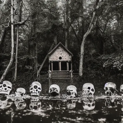 Image similar to a photo of a dream world, forest, river, skull, church