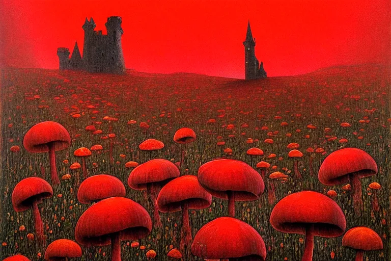 Image similar to only with red, red mushrooms of different types, a red tiger, a castle in the background, medieval demons dance over the flowers, an ancient path, in the style of beksinski, part by hopper, part by rodcenko, part by hofbauer, intricate composition, red by caravaggio, insanely quality, highly detailed, masterpiece, red light, artstation