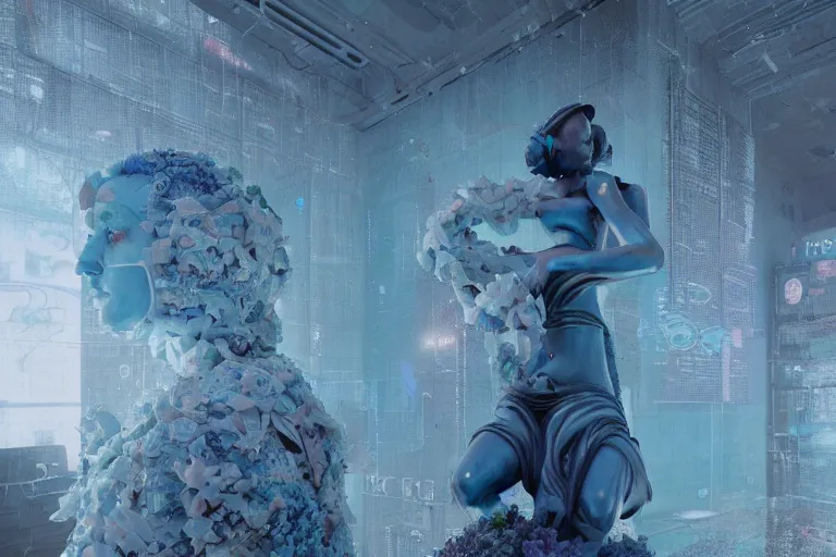 Image similar to marble statue covered in blue flowers, cyberpunk art by mike winkelmann, trending on cgsociety, retrofuturism, reimagined by industrial light and magic, darksynth, sci - fi