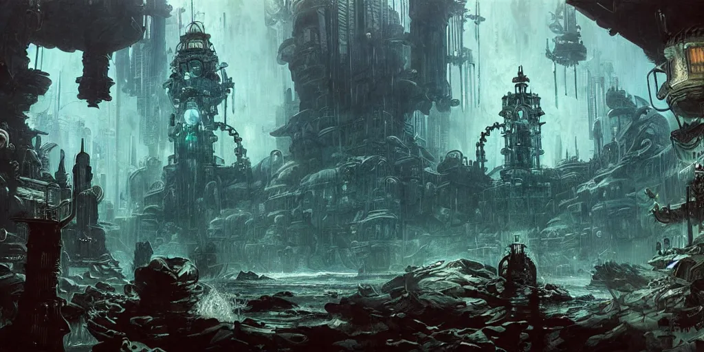Image similar to concept art of a underwater city, bioshock style, rapture, dark atmosphere, hanafuda oil on canvas by ivan shishkin, james jean and yoji shinkawa