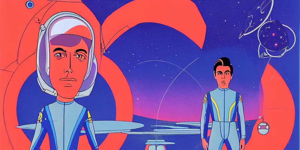 Image similar to a portrait of lonely single Alain Delon alone pilot in spacesuit posing in symmetrical spaceship station planet captain bridge outer worlds hyper contrast in FANTASTIC PLANET La planète sauvage animation by René Laloux