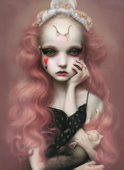 Image similar to pop surrealism, lowbrow art, realistic cute seductive feminine girl painting, japanese street fashion, hyper realism, muted colours, rococo, natalie shau, loreta lux, tom bagshaw, mark ryden, trevor brown style,