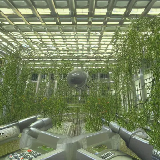 Image similar to Robo-modules of the GLaDOS super computer in the center of a huge hall overgrown with vines and plants of the complex, old computers, a suspension of dust in the air, rays of light through the ceiling, realism, art,