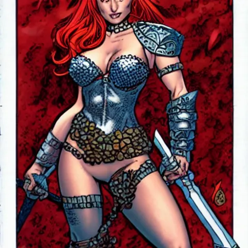 Image similar to Red Sonja wielding a huge sword, with a dead monster at her feet. J. Scott Campbell