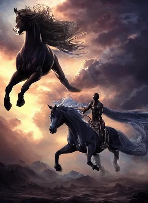 Prompt: the singular horseman of the apocalypse is riding a strong fierce ferocious black stallion, horse is up on its hind legs, the strong male rider is carrying the scales of justice, beautiful artwork by artgerm and rutkowski, breathtaking, beautifully lit, dramatic