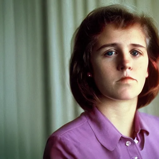 Image similar to a portrait photo of 20 year old female Joe Biden, with a sad expression, looking forward