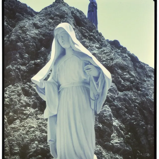 Prompt: closeup of white mother mary statue pictured slightly from below, clear sky with blue clouds in background, vintage polaroid