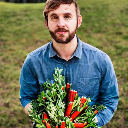 Image similar to a portrait of bogan holding a bouquet of sausages, canon eos r 3, f / 1. 4, iso 2 0 0, 1 / 1 6 0 s, 8 k, raw, unedited, symmetrical balance, in - frame