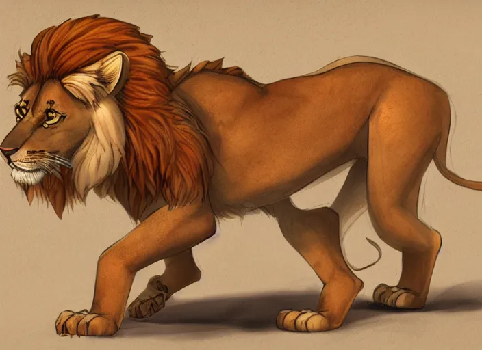Image similar to fullbody feral egyptian lion character design of an egyptian lion. egyptian lion deviantart adoptable, style of maple story and zootopia, disney portrait studio lighting by jessica rossier and brian froud in the style of disney, traditional