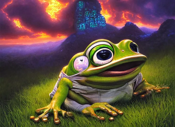 Prompt: hyper realistic detailed image of pepe the frog rolling a huge mate steel cube up the hill slope, by ayami kojima, amano, beeple, greg hildebrandt, and mark brooks, mystical, rich deep colors, cinematic light, long cinematic shot, extremely detailed, very coherent symmetrical artwork, 8 k