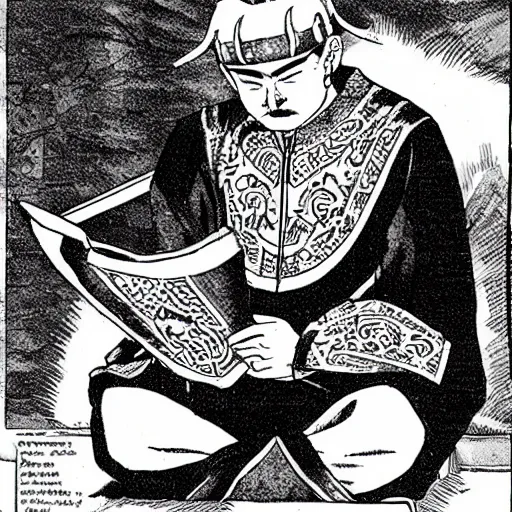 Prompt: genghis khan reading manga