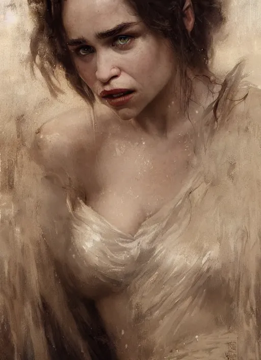 Image similar to emilia clarke staring seductively, staring seductively, detailed by gaston bussiere, bayard wu, greg rutkowski, giger, maxim verehin, greg rutkowski, masterpiece, sharp focus, cinematic lightning