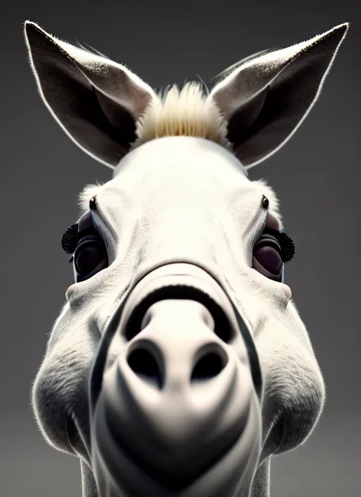 Image similar to hyper detailed ultra sharp portrait of a beautiful fashionable porcelain ivory donkey zombie with glowing eyes, up close shot, sharp focus, global illumination, radiant light, black haute couture, alexandre ferra, irakli nadar, octane render, 4 k, ultra hd,