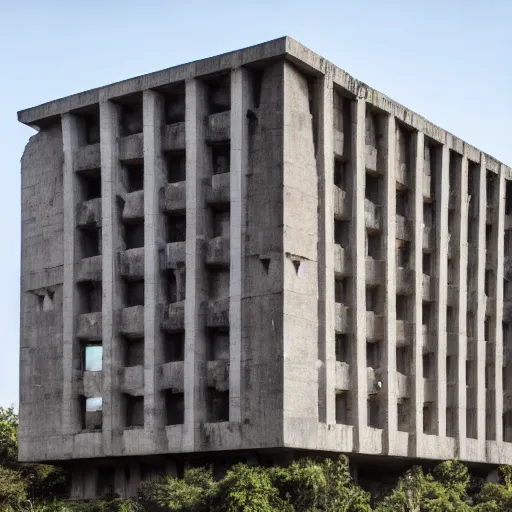 Prompt: a huge brutalist building with roman empire insignia hanging from the top of it