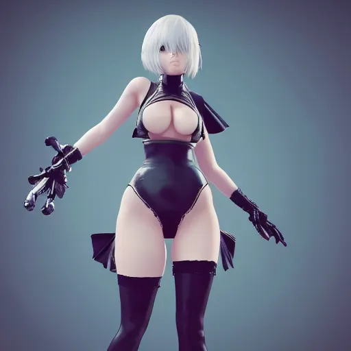 Image similar to 2B from nier automata with thick thighs and a big chest, 4k, unreal engine render, trending in artstation, artstationHD, artstationHQ