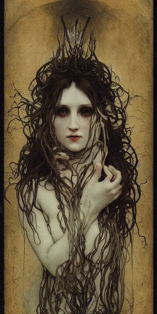 Image similar to beatiful haunting sensual cryptid woman, by emil melmoth, by alphonse mucha
