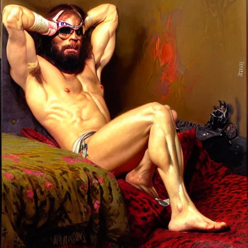 Image similar to macho man randy savage ring gear is in his bed, nervous and terrified, because miss elizaneth from hell is attacking him. highly detailed painting by gaston bussiere, j. c. leyendecker, greg rutkowski, craig mullins 8 k