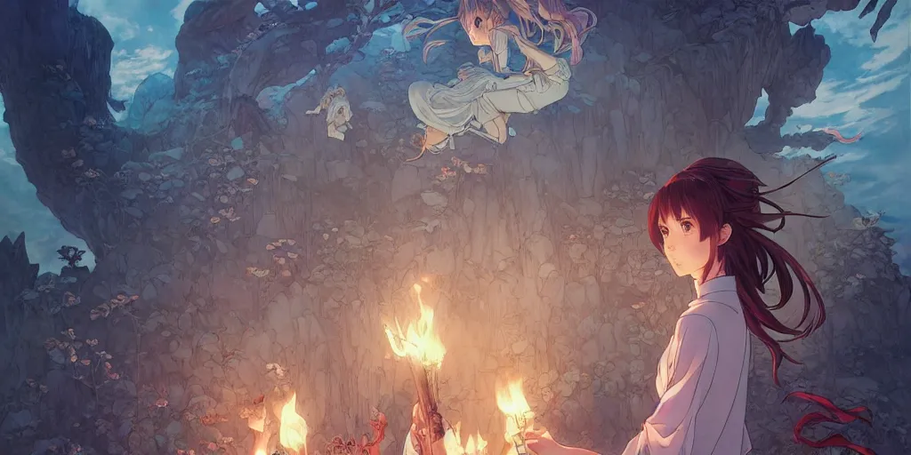 Image similar to the girl and the magic dragons cave. anime visual. torches, dark. by hayao miyazaki and rossdraws and artgerm and chie yoshii and detmold and greg rutkowski and alphonse mucha. anime production by studio ghibli. high quality, stunning, intricate detailed environment. 8 k