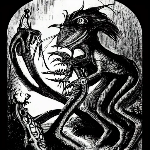Image similar to beware the jubjub bird, and shun the frumious bandersnatch | by lewis carroll and hp lovecraft with doctor seuss and hr giger