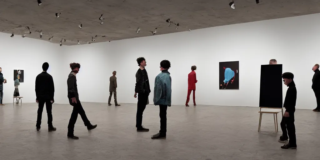 Prompt: an modern art gallery with pictures in the style of tim eitel and cool looking punks in 2 0 2 1