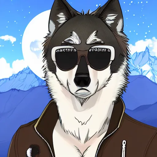 Prompt: full body wolf wearing sunglasses and a backwards baseball cap, symmetrical face. symmetrical detailed defined eyes. isekai background style, nature, douche