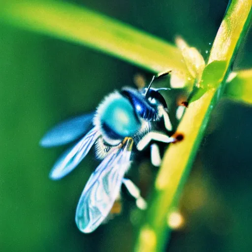 Prompt: macro photo of blue bee, kodak portra 4 0 0 color negative film