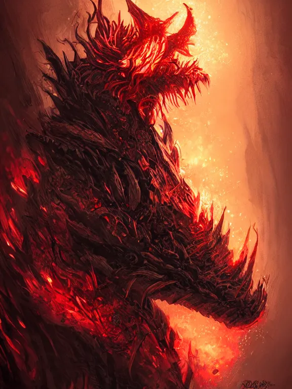 Prompt: picture of a dark fantasy fire monster, burly, black and red fire, finesse, key visual, realistic shaded perfect face, fire, steampunk, fine details, forest background, smooth, highly detailed, digital illustration, by artgerm, rossdraws, frank franzzeta