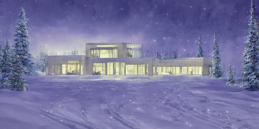 Prompt: a glass modern architecture mansion frozen snow alaska night james gurney digital art