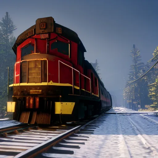 Image similar to A train in red dead redemption 2, screenshot, high quality image, widescreen, in-game engine, 8k, octane render