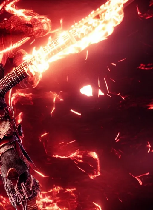 Image similar to red facial stripe armored screaming kratos rocking hard on a flaming stratocaster guitar, cinematic render, god of war 2 0 1 8, playstation studios official media, lightning, flames, clear, coherent, guitar