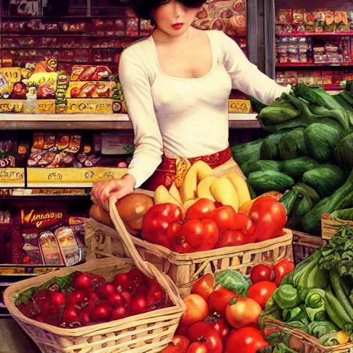 Prompt: buying groceries, by wlop, artgerm, elvgren, mucha