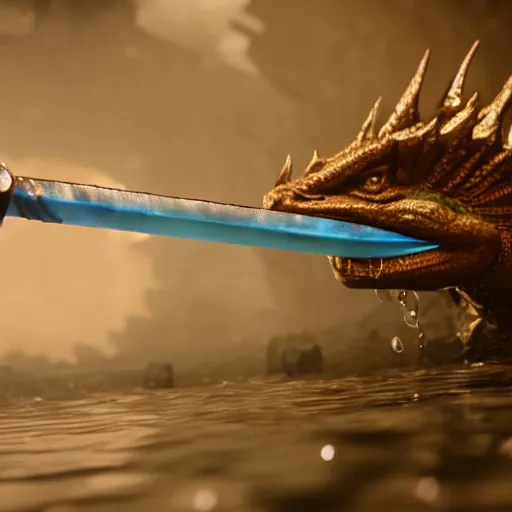 Image similar to the soul of a water dragon being released by a blue elemental sword, octane render, unreal engine, cryengine, 3D, !!!award-winning!!!