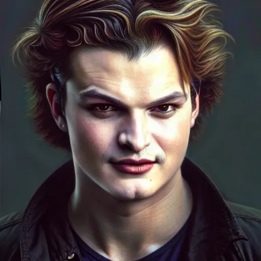 Image similar to portrait painting of actor joe keery as a vampire, ultra realistic, concept art, intricate details, eerie, highly detailed, photorealistic, octane render, 8 k, unreal engine. art by artgerm and greg rutkowski and charlie bowater and magali villeneuve and alphonse mucha
