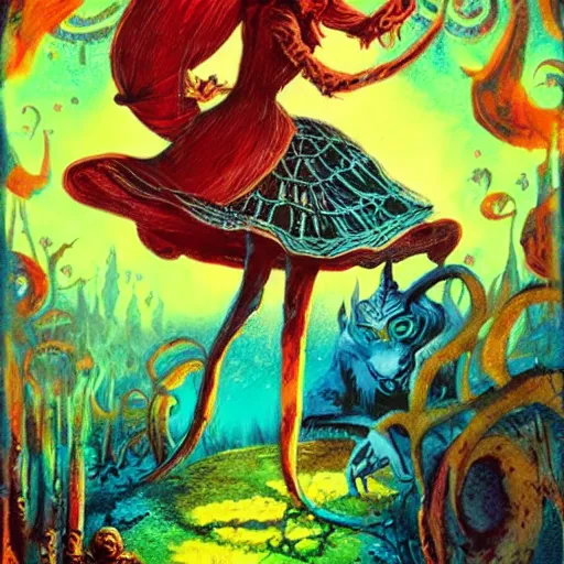 Image similar to alice in wonderland, by basil gogos and phillipe druillet and paul lehr, trending on artstation hq, deviantart, pinterest, 4 k uhd image